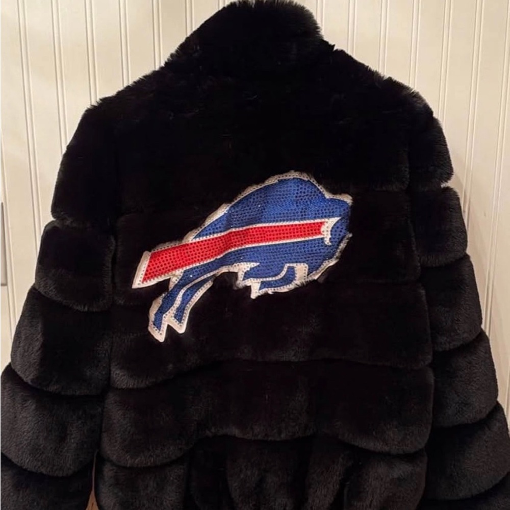 Black Faux Fur Jacket with Blue and Red buffalo bills Logo
